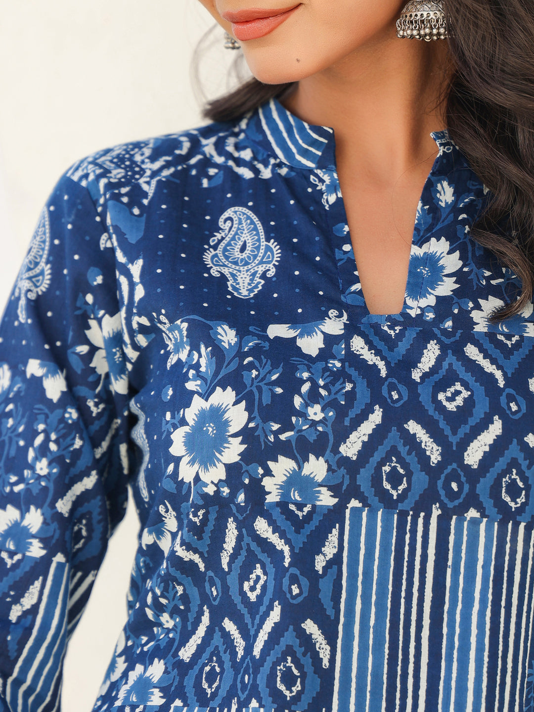 Indigo Blue Patch Print Kurta Set for Women – 2 Piece Cotton Ethnic Wear