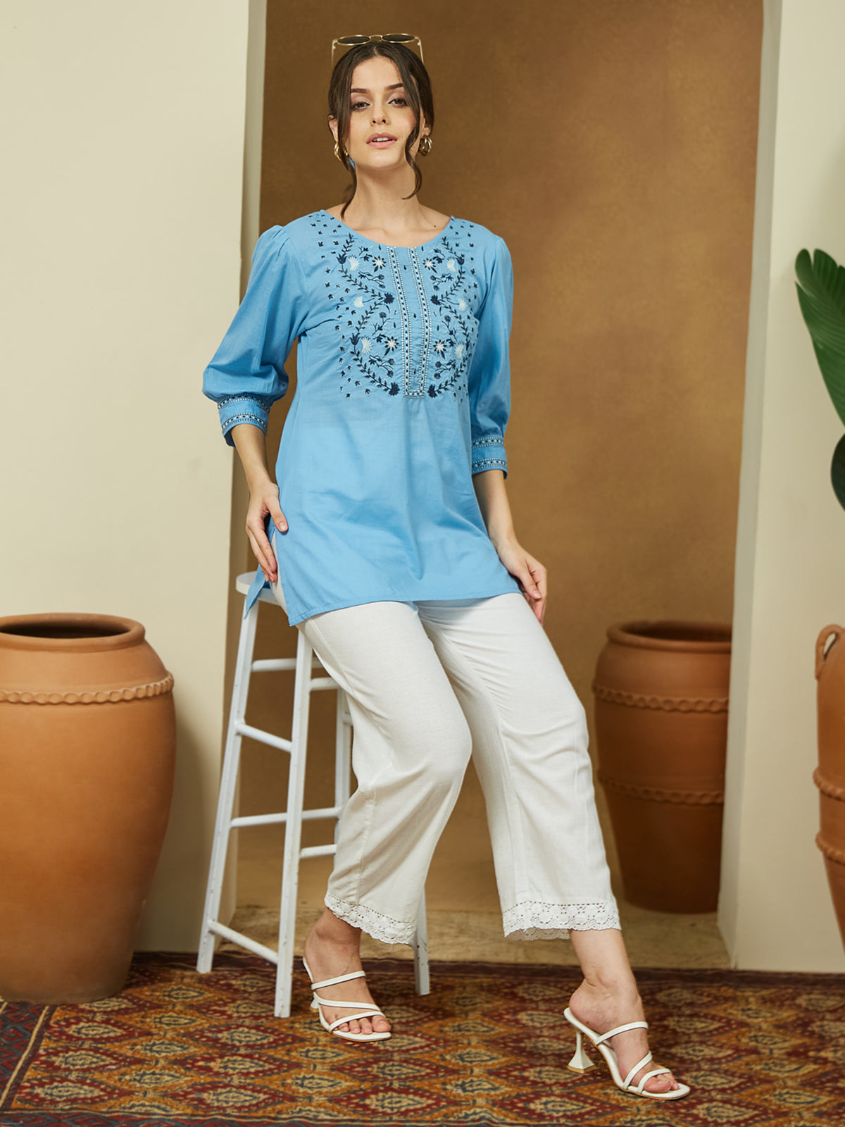 Azure Bloom Embroidered Short Kurti
