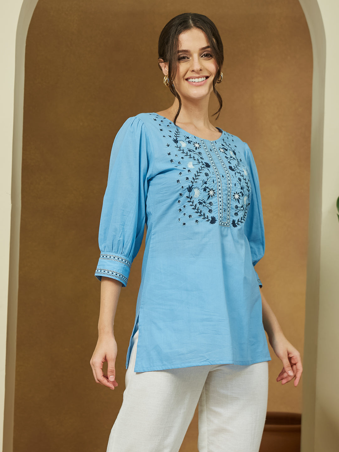Azure Bloom Embroidered Short Kurti