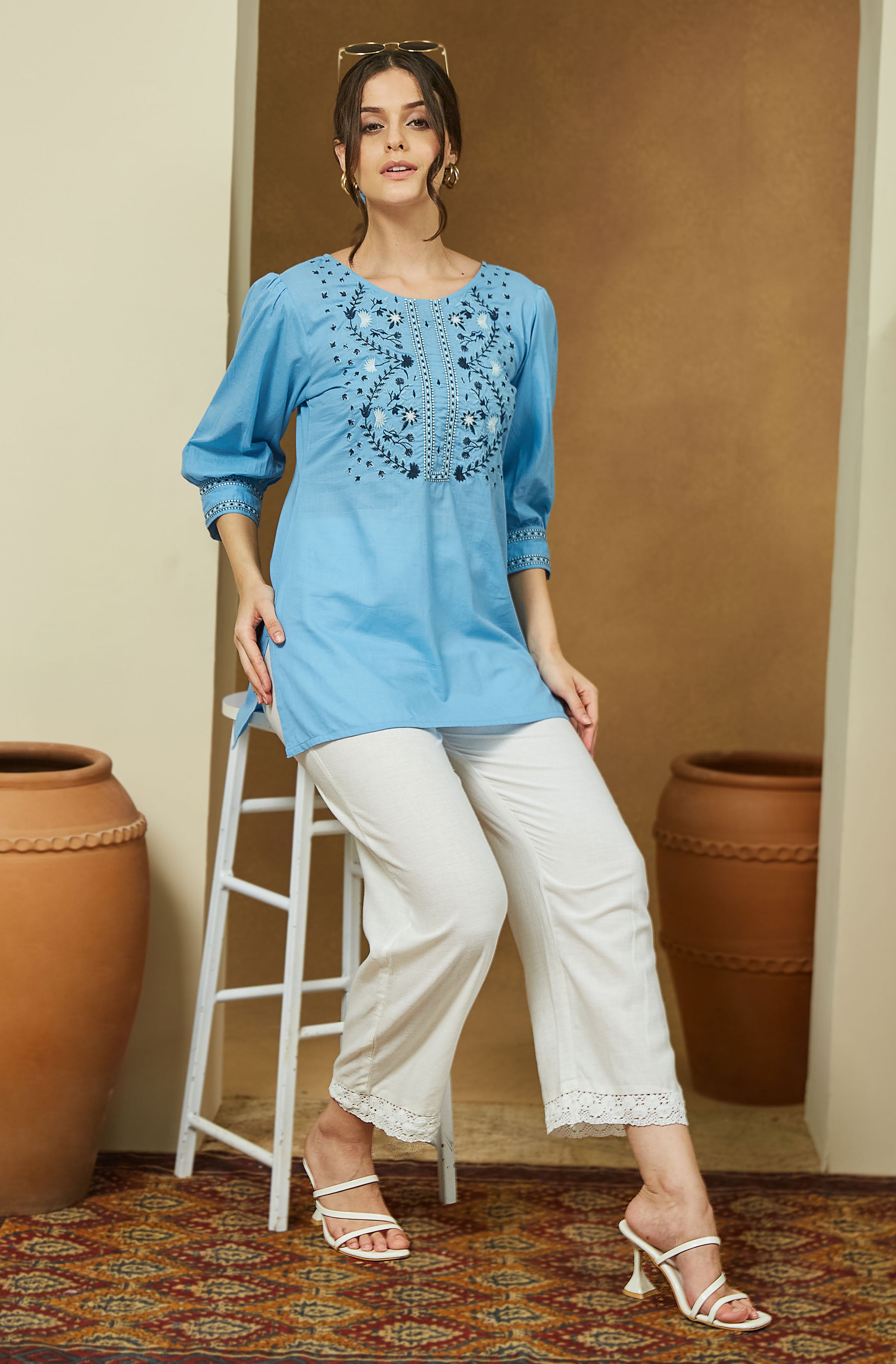 Azure Bloom Embroidered Short Kurti