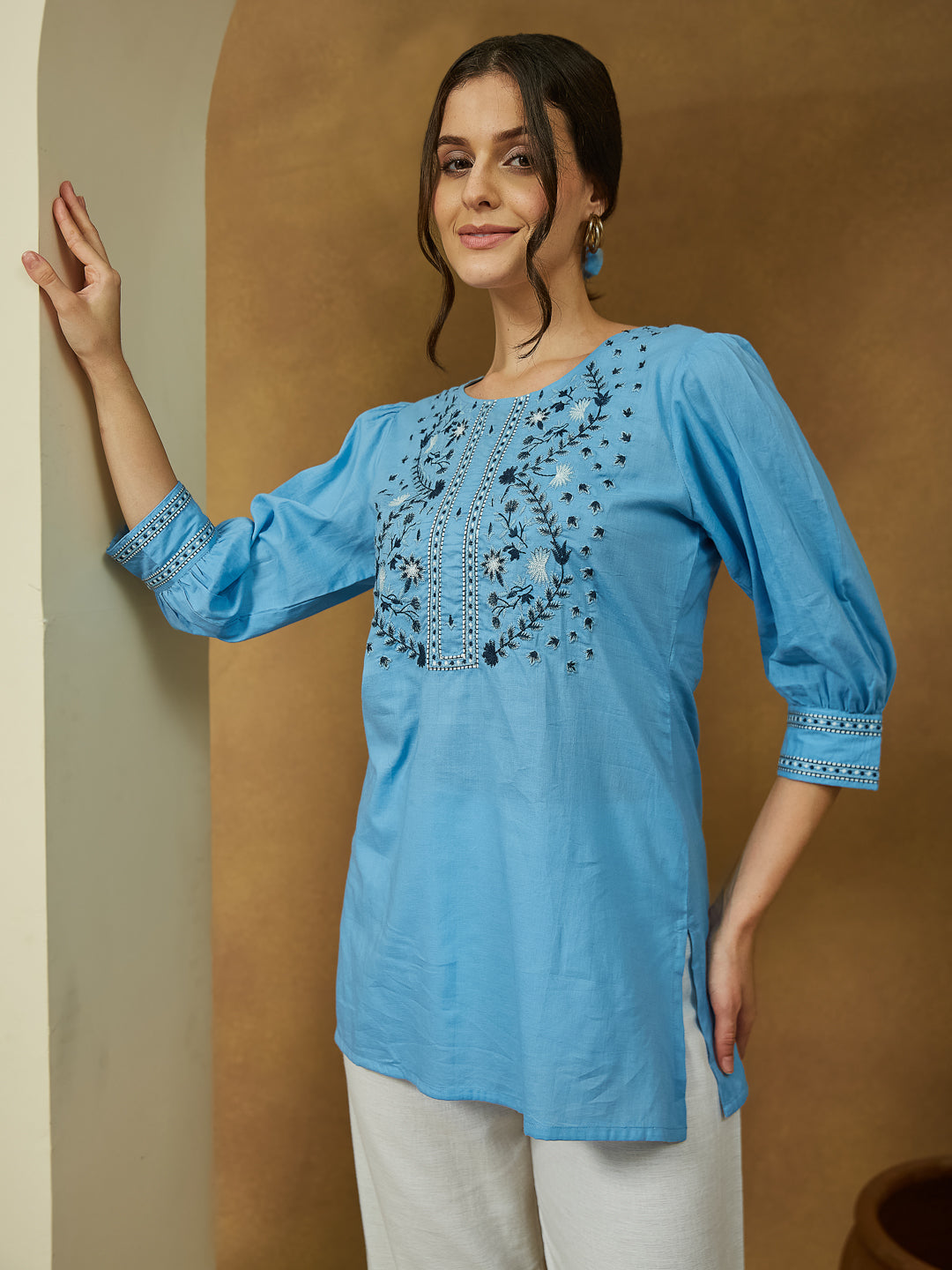 Azure Bloom Embroidered Short Kurti