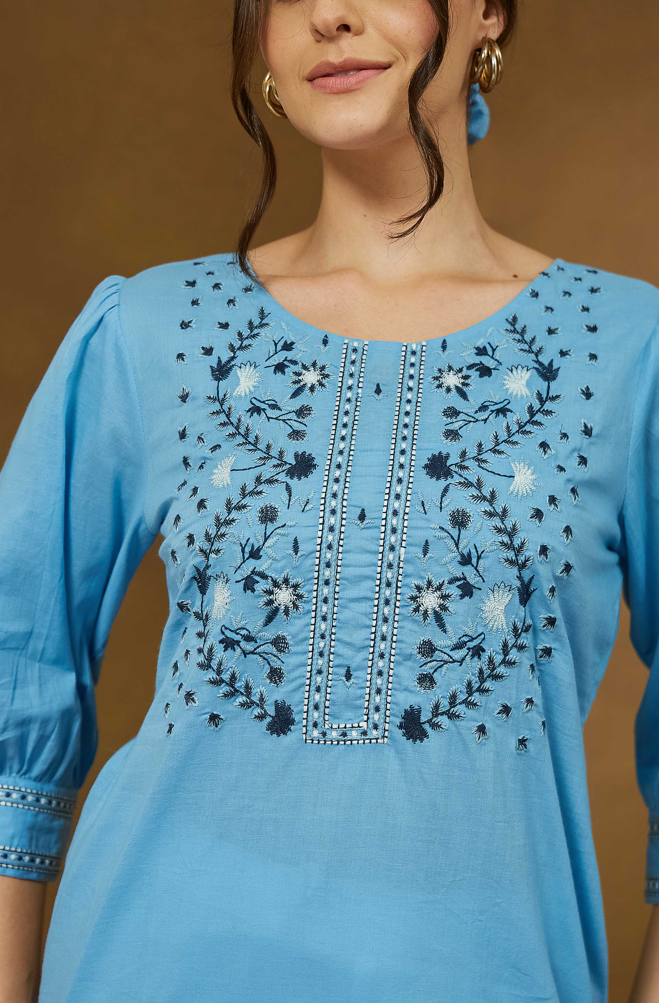 Azure Bloom Embroidered Short Kurti