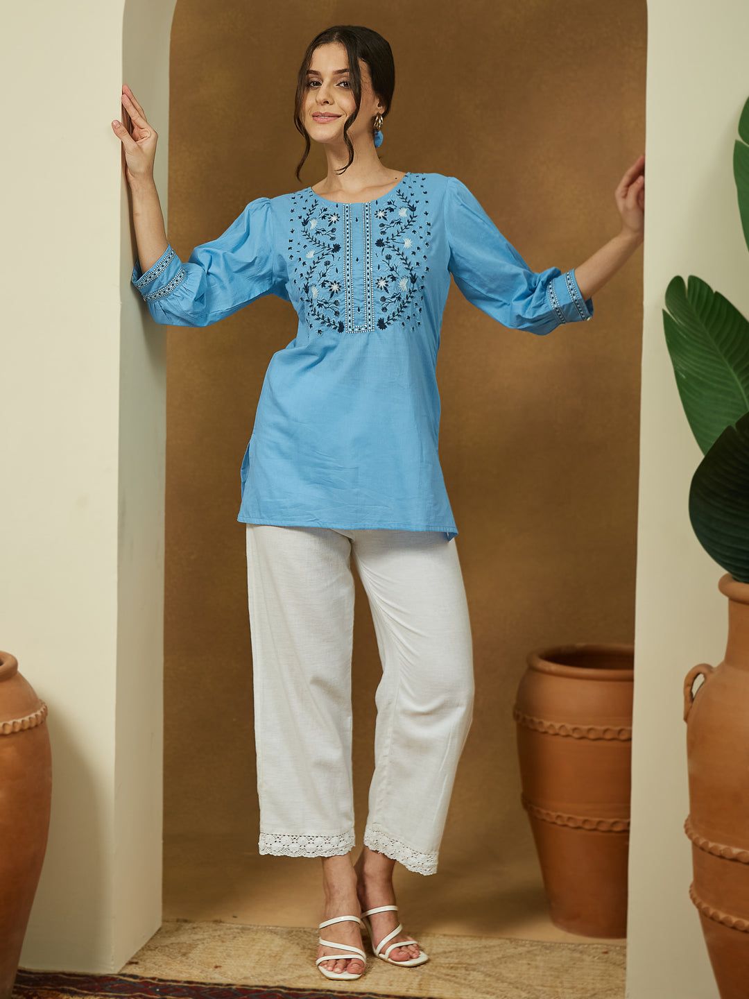 Azure Bloom Embroidered Short Kurti