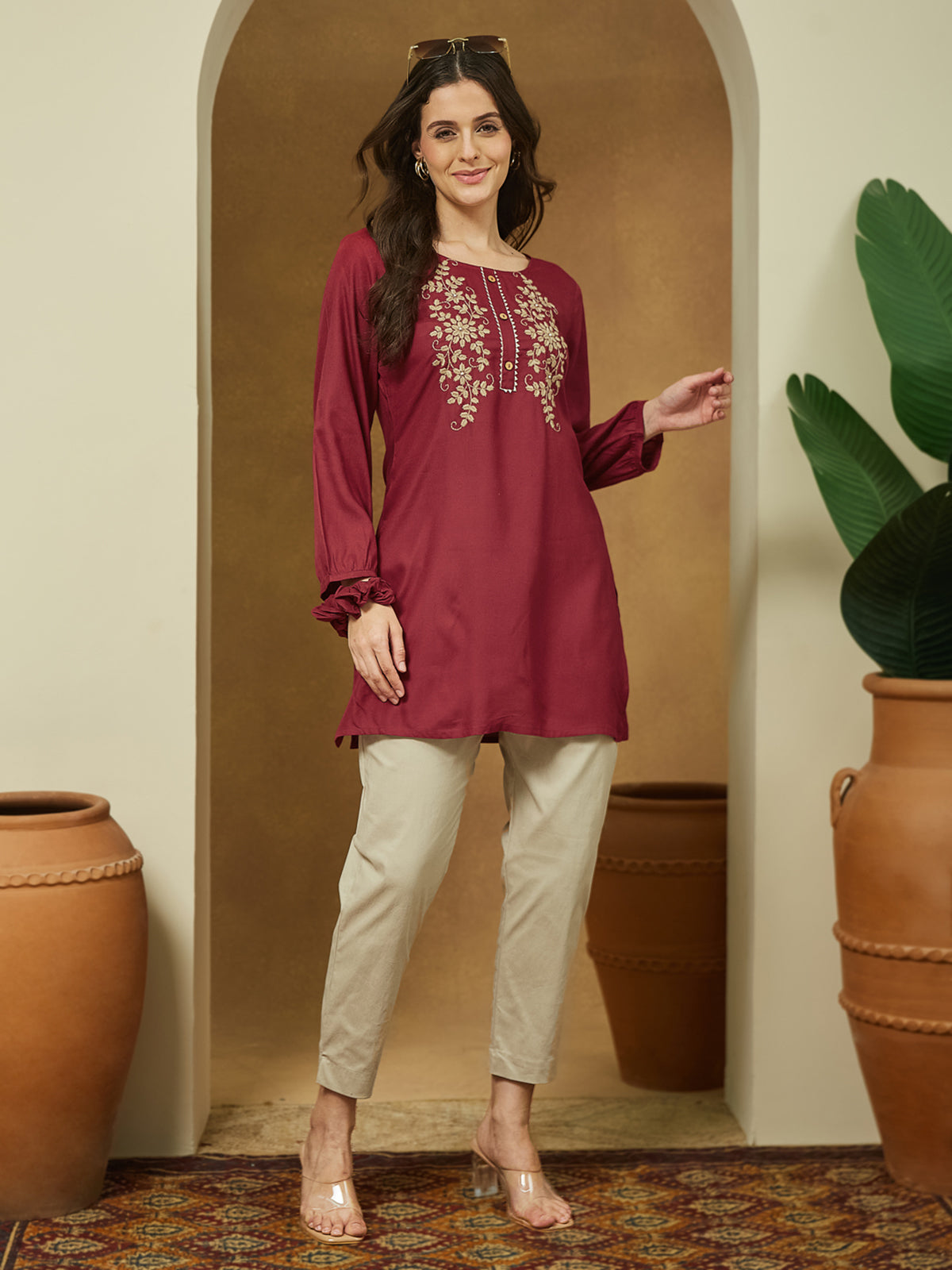 Maroon Elegance Embroidered Short Kurti