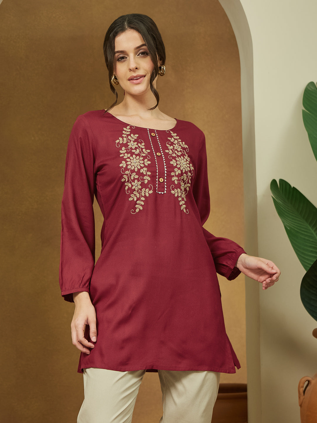 Maroon Elegance Embroidered Short Kurti