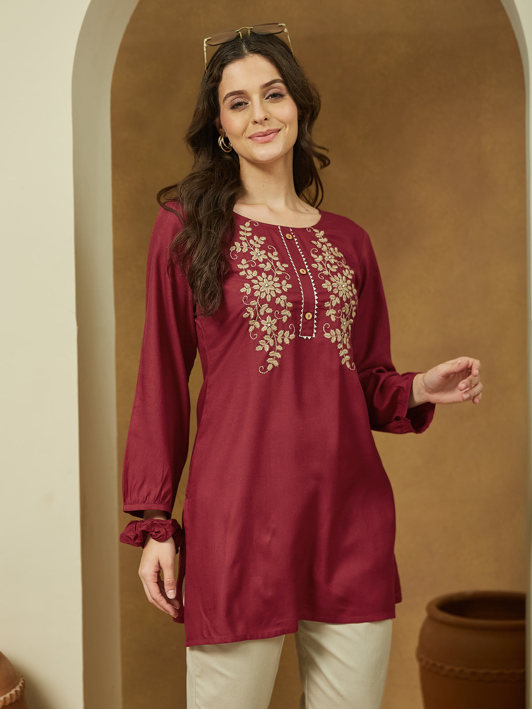 Maroon Elegance Embroidered Short Kurti