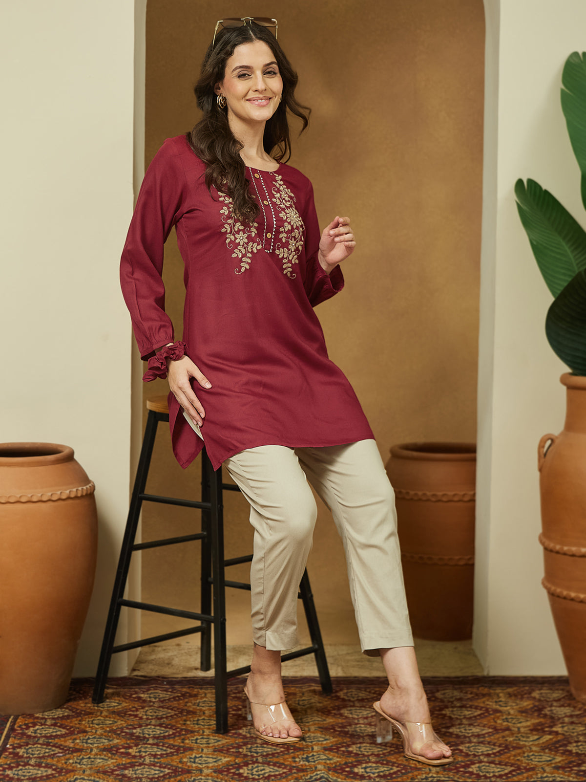 Maroon Elegance Embroidered Short Kurti