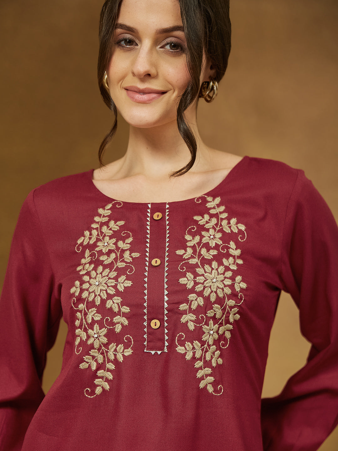 Maroon Elegance Embroidered Short Kurti