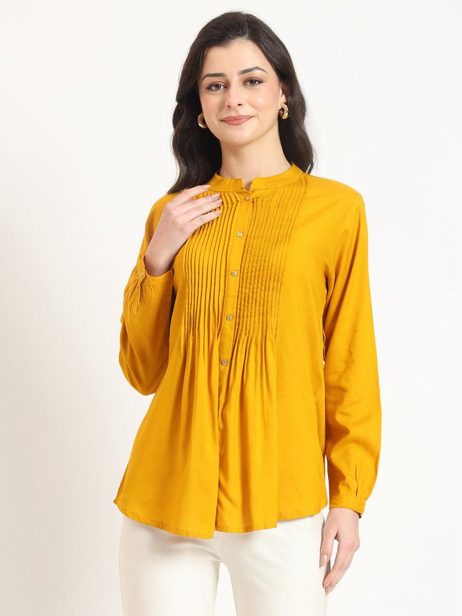 Solid Pintuck Rayon Short Kurti – Button-Down Front & Full Sleeves
