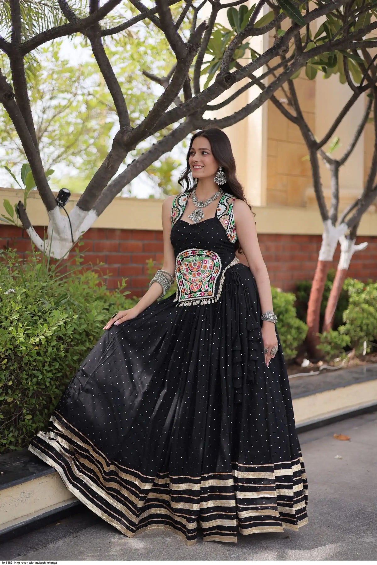 14KG Reyon Mukesh Work Navratri Lehenga with Mirror Work Blouse