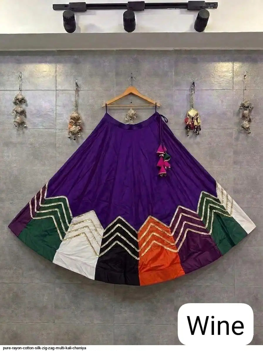Pure Reyon Cotton Silk Multi Kali Chaniya with Zig Zag Lace - 6 Mtr Flare