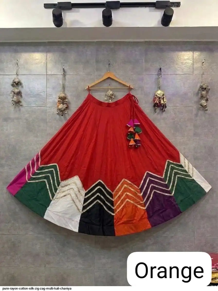 Pure Reyon Cotton Silk Multi Kali Chaniya with Zig Zag Lace - 6 Mtr Flare