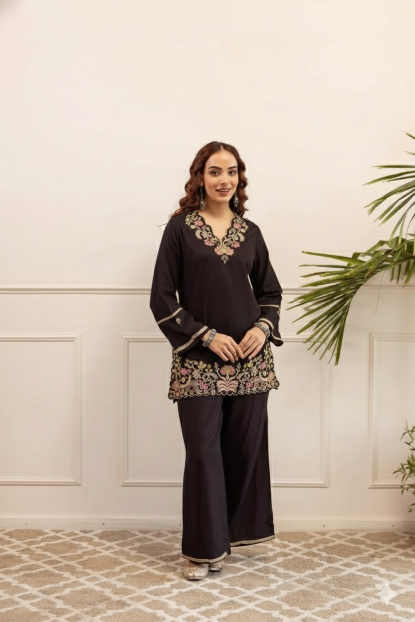 Black Embroidered with Straight Palazzo Pants Co-ord Set