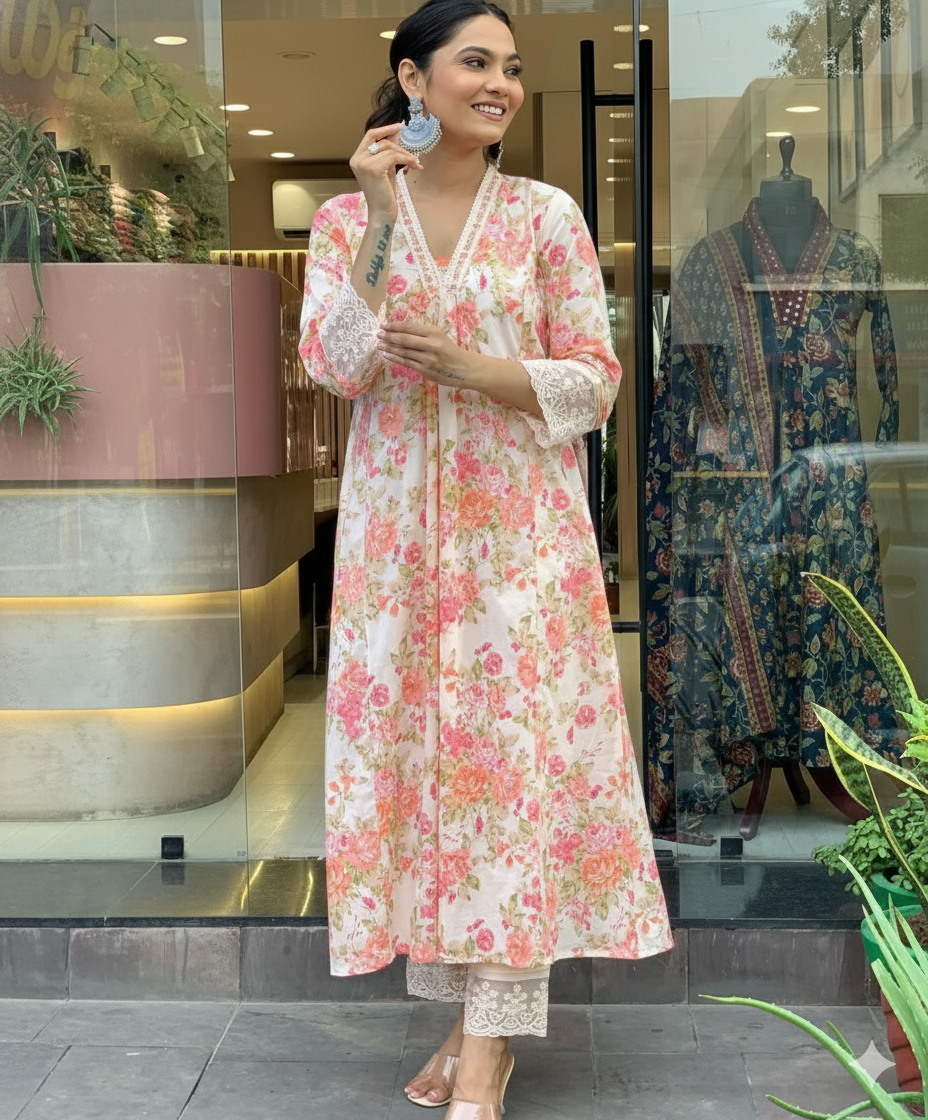 Ivory Floral Printed 3 Piece Kurti with Lace Detailing