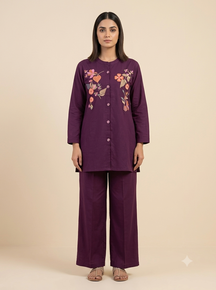 Purple Embroidered Giza Cotton Co-ord Set - Above Knee Shirt Top