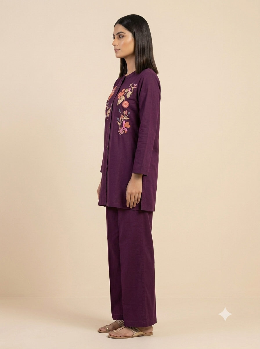 Purple Embroidered Giza Cotton Co-ord Set - Above Knee Shirt Top