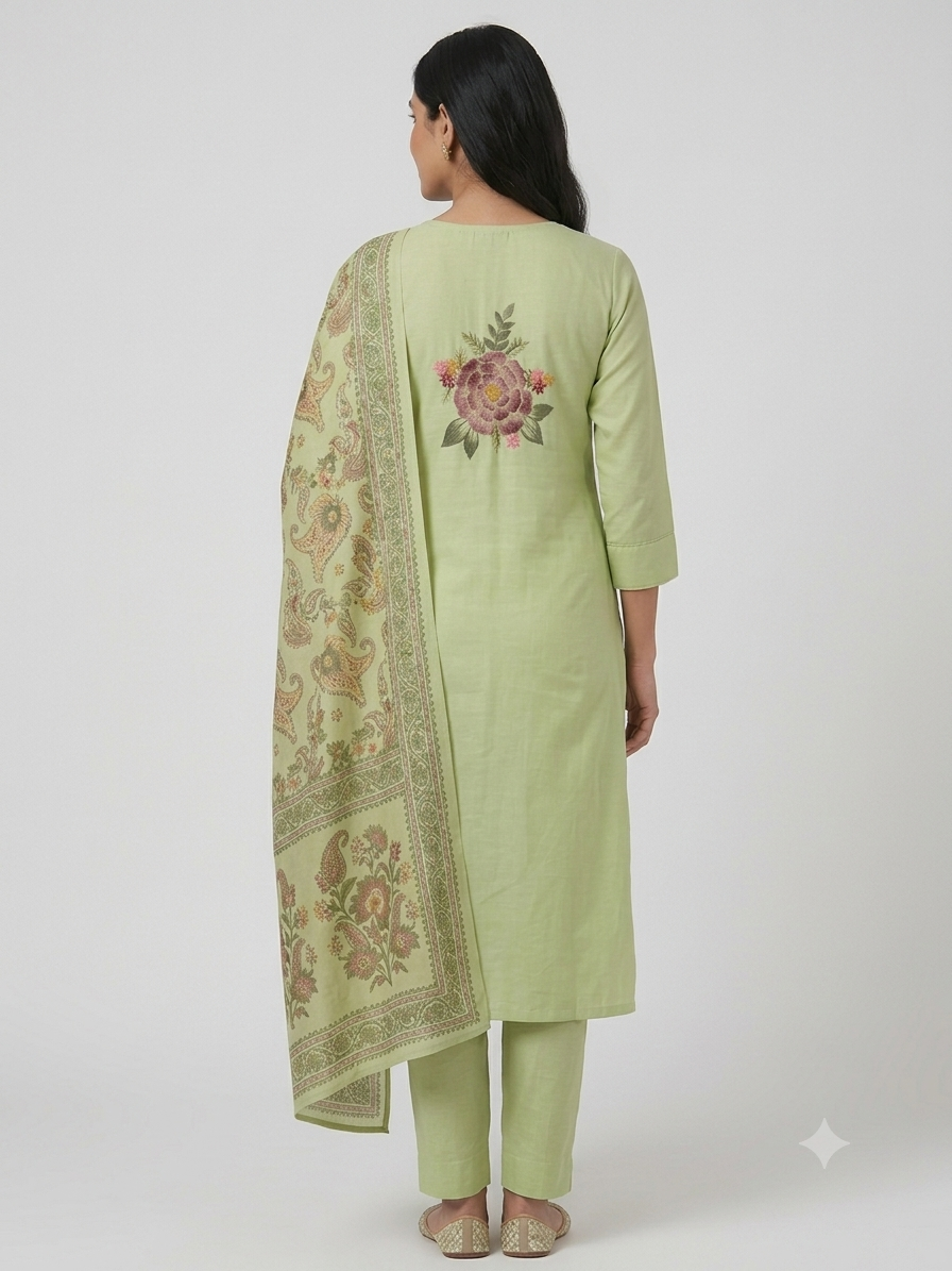 Green Roman Silk Hand Brush Painted 3 Piece Suit Set with Katha Work