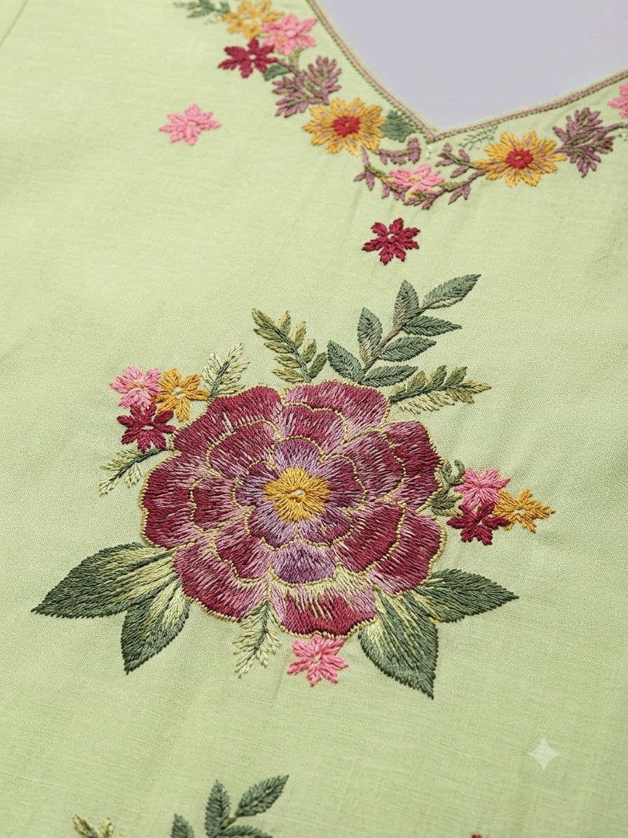 Green Roman Silk Hand Brush Painted 3 Piece Suit Set with Katha Work