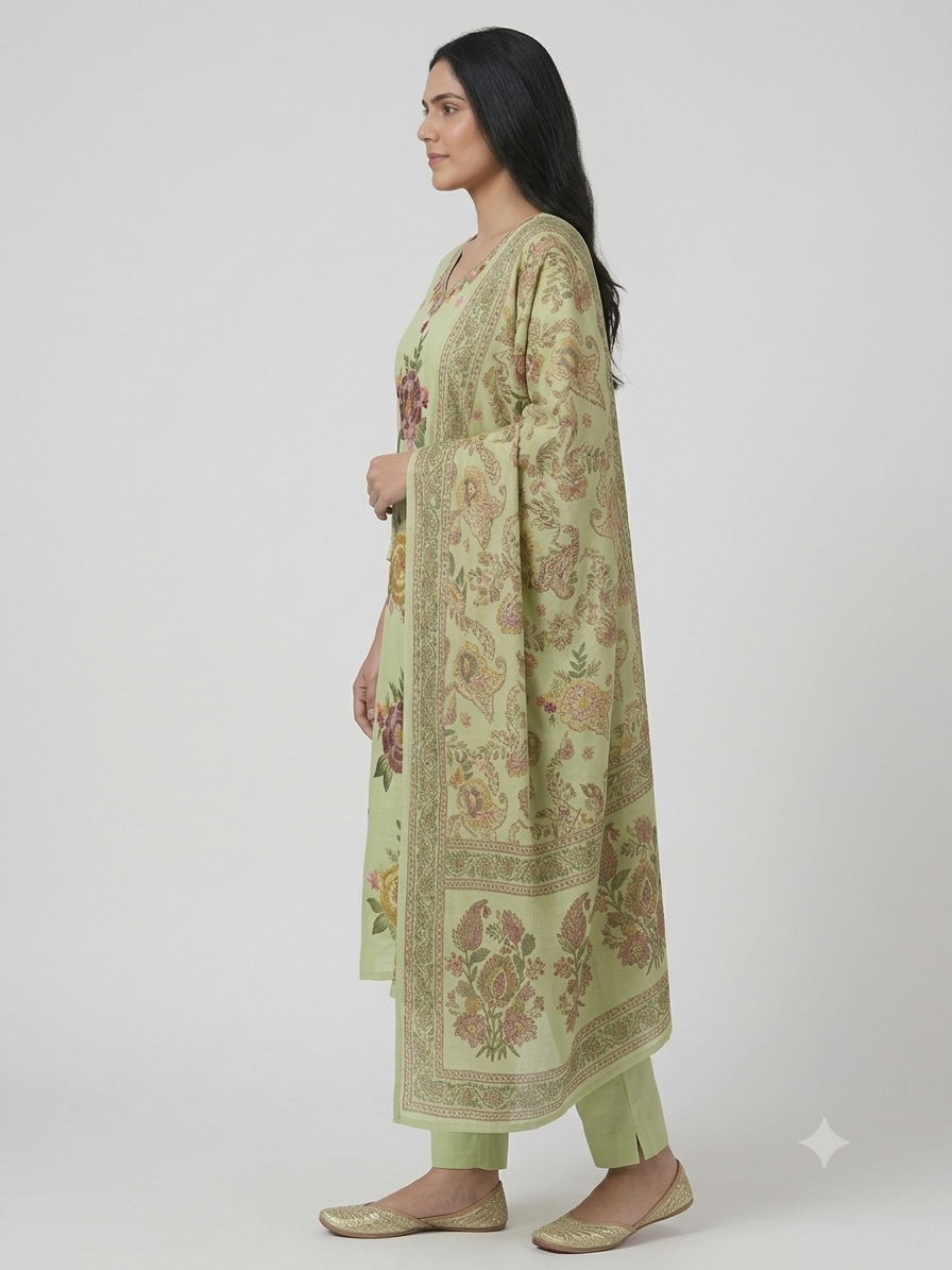 Green Roman Silk Hand Brush Painted 3 Piece Suit Set with Katha Work