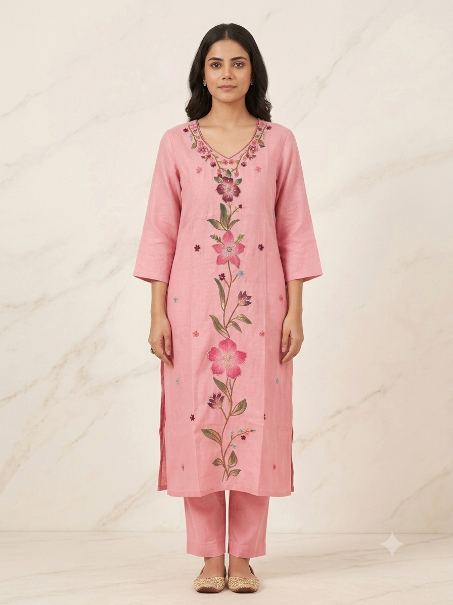 Pink mul chanderi hand brush painted 3 piece suit set with floral artwork and Katha work