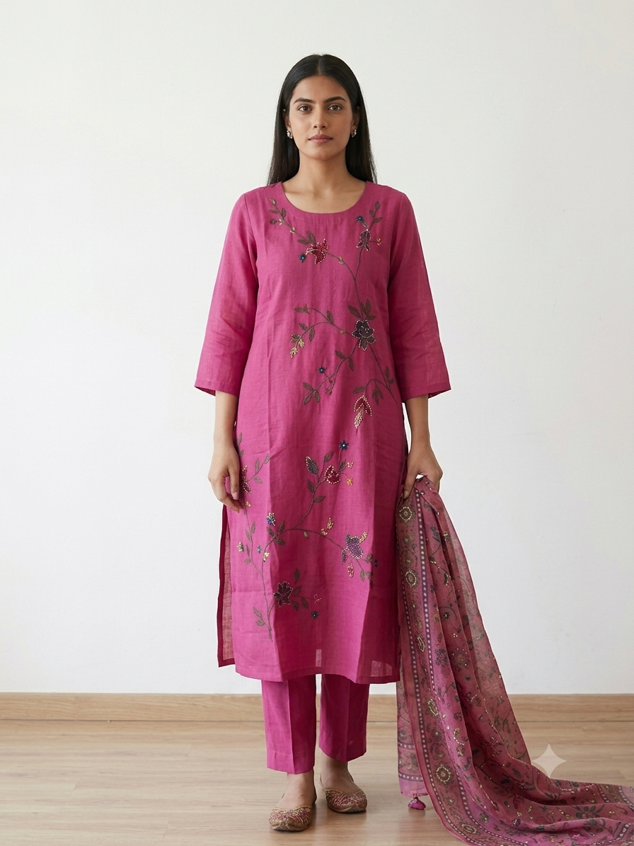 Rani pink mul chanderi hand brush painted 3 piece suit set with Katha work and printed dupatta
