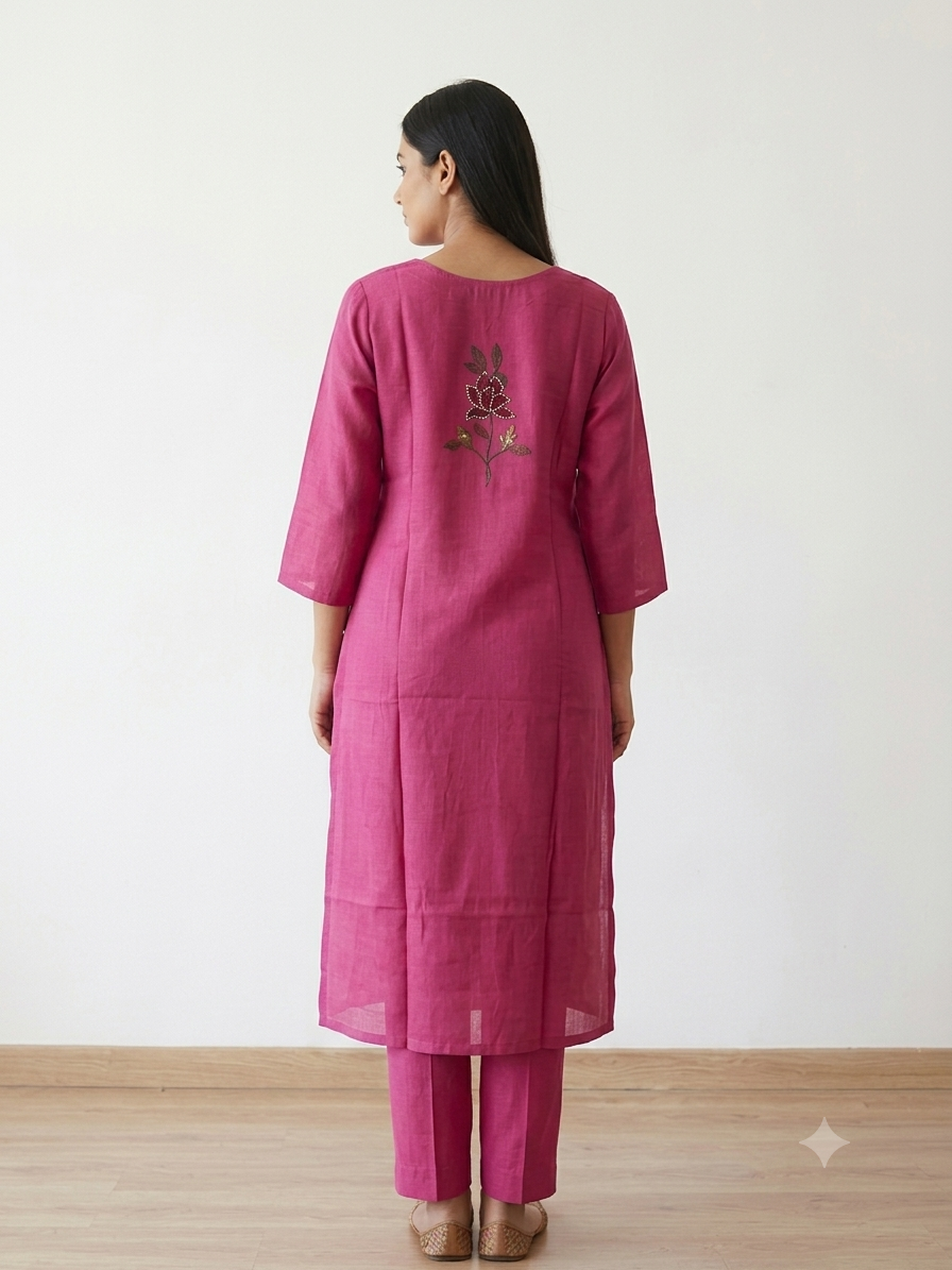 Rani Pink Mul Chanderi Hand Brush Painted 3 Piece Suit Set with Katha Work