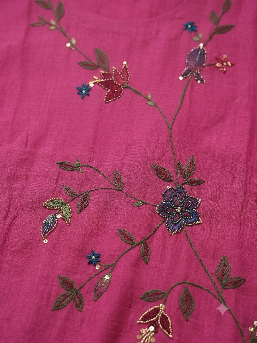 Rani Pink Mul Chanderi Hand Brush Painted 3 Piece Suit Set with Katha Work
