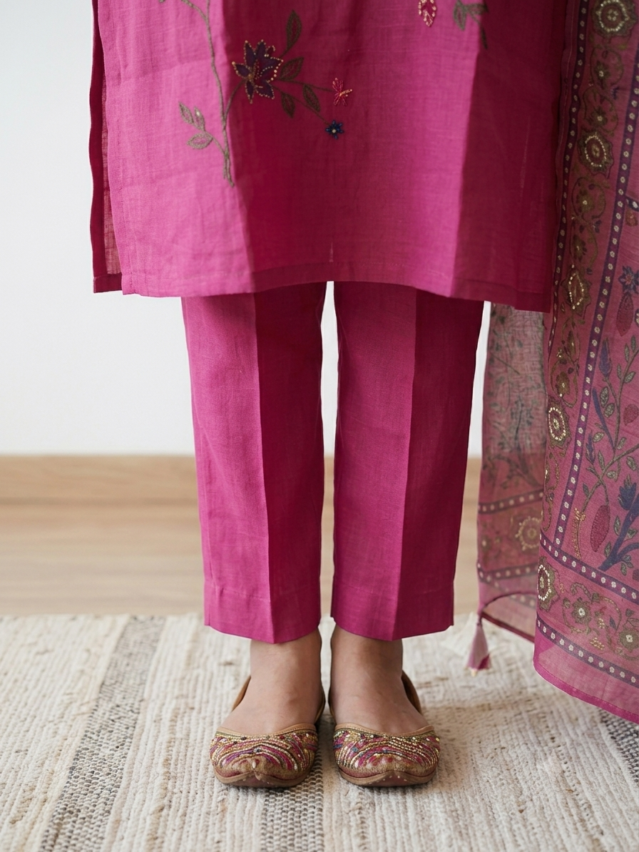 Rani Pink Mul Chanderi Hand Brush Painted 3 Piece Suit Set with Katha Work