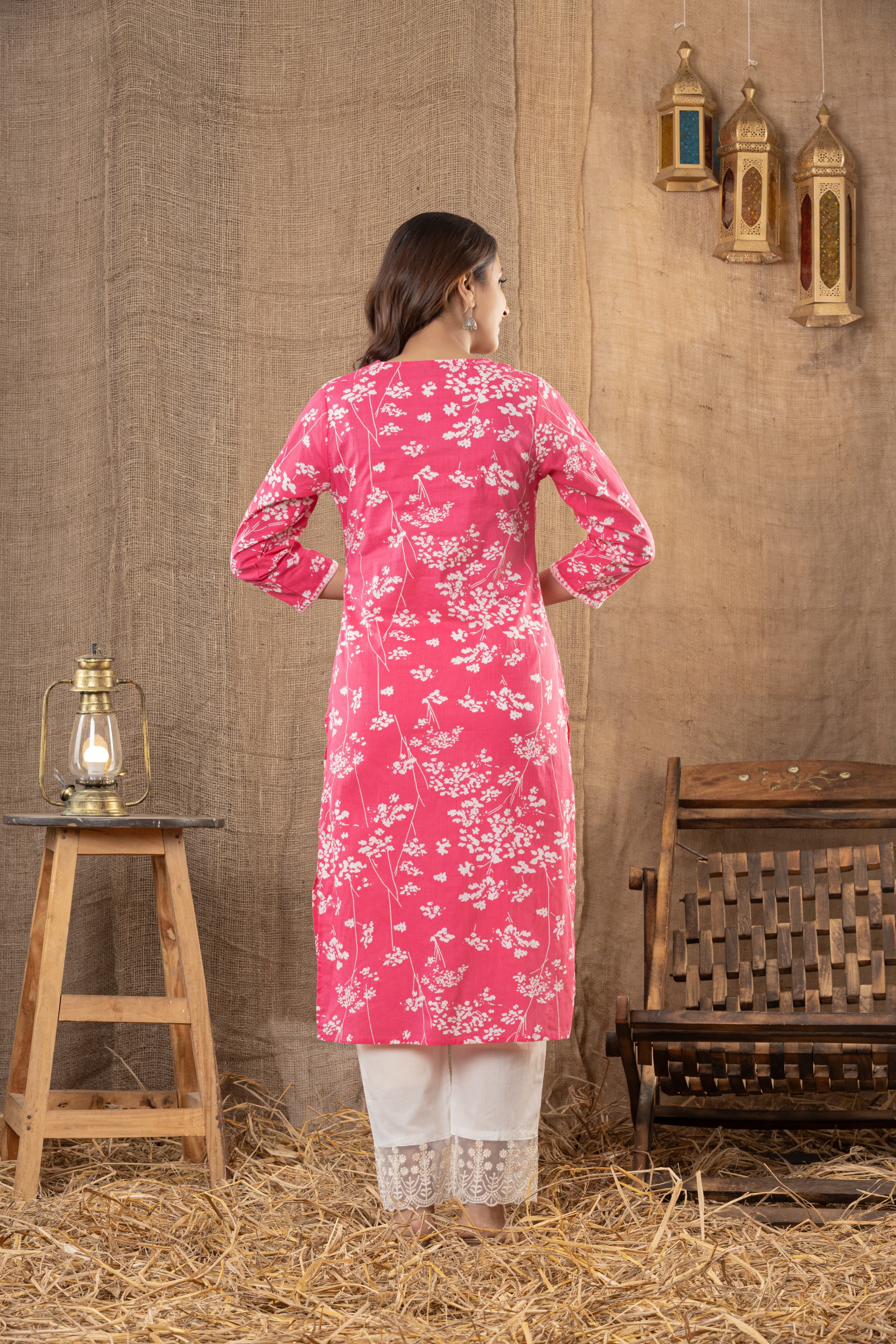 Pink Floral Printed Kurta Set with White Lace-Detail Pants