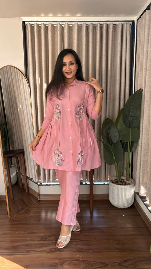 Dusty Pink Embroidered Shirt with Straight Pants Co-ord Set