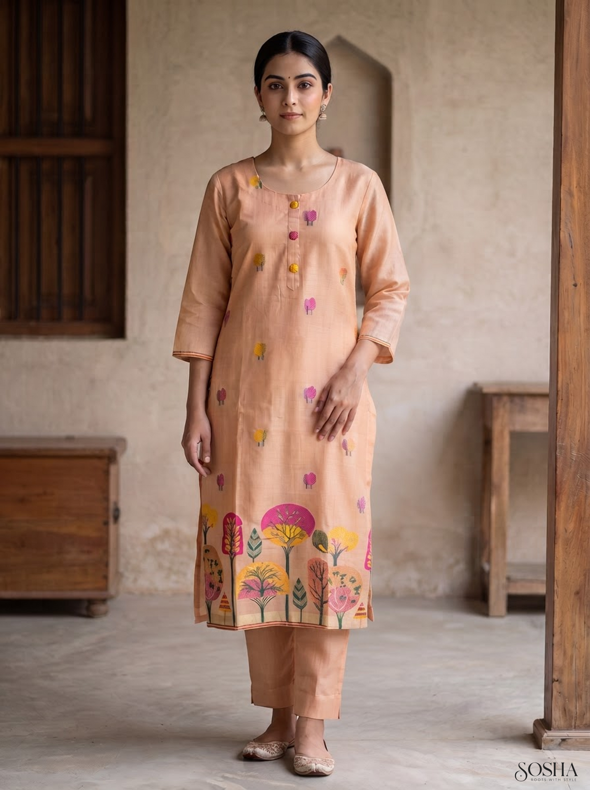 Jamdani Print Peach 3 Piece Suit Set with Printed Dupatta