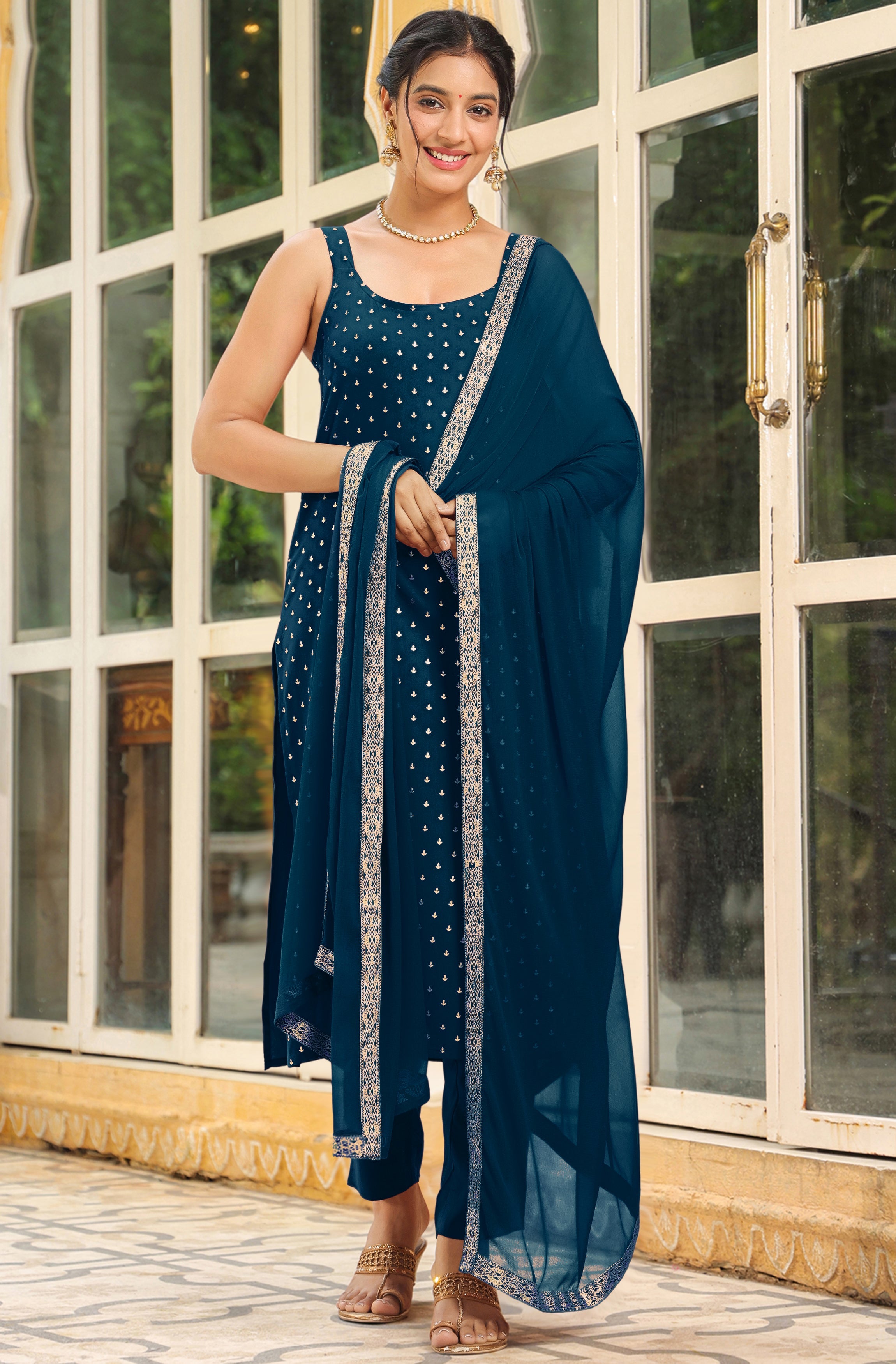 Teal Blue Embellished Straight Suit Set with Dupatta – 3 Piece Kurti