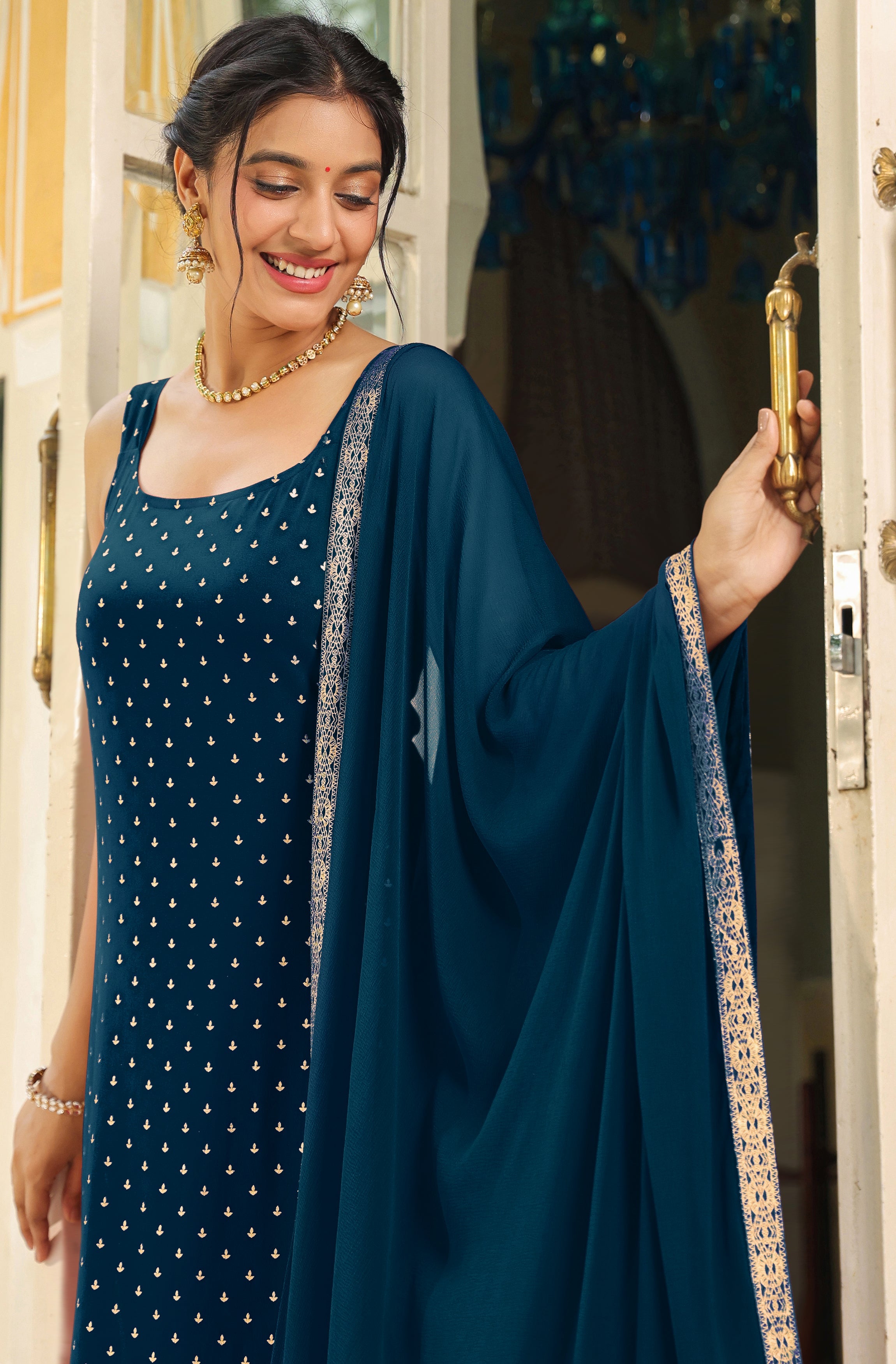 Teal Blue Embellished Straight Suit Set with Dupatta – 3 Piece Kurti