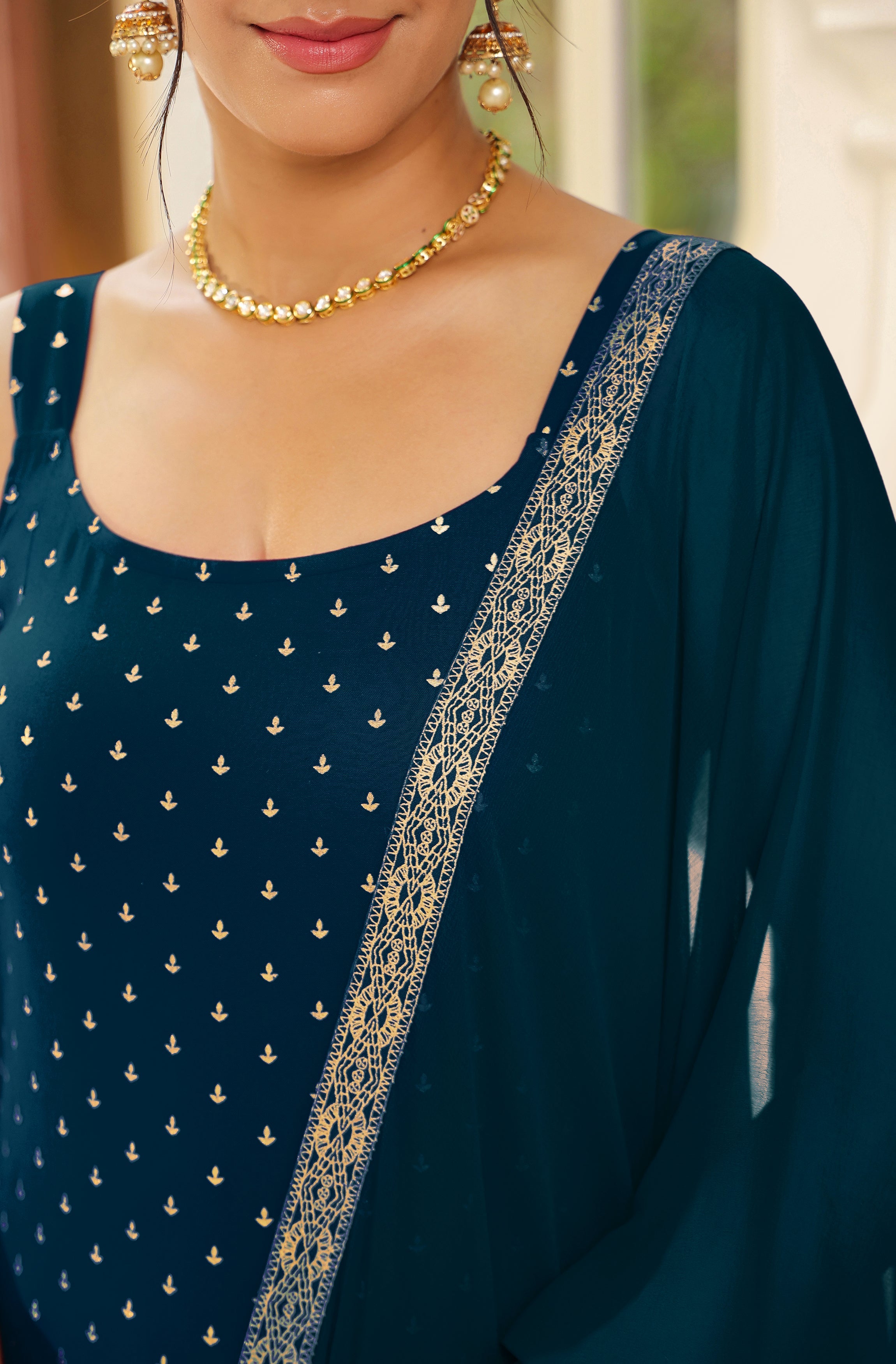 Teal Blue Embellished Straight Suit Set with Dupatta – 3 Piece Kurti