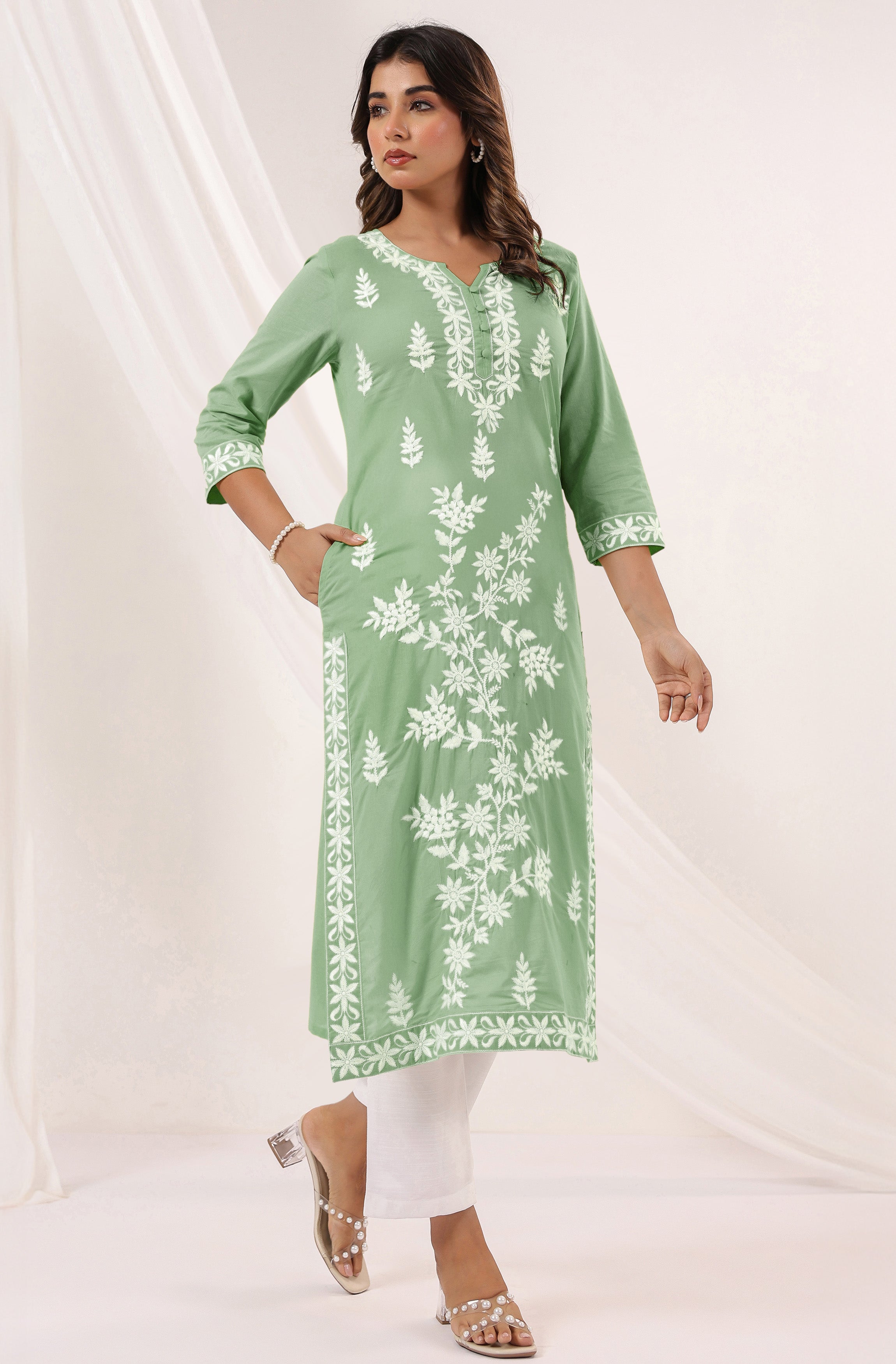 Pastel Green Floral Embroidered Cotton Kurti
