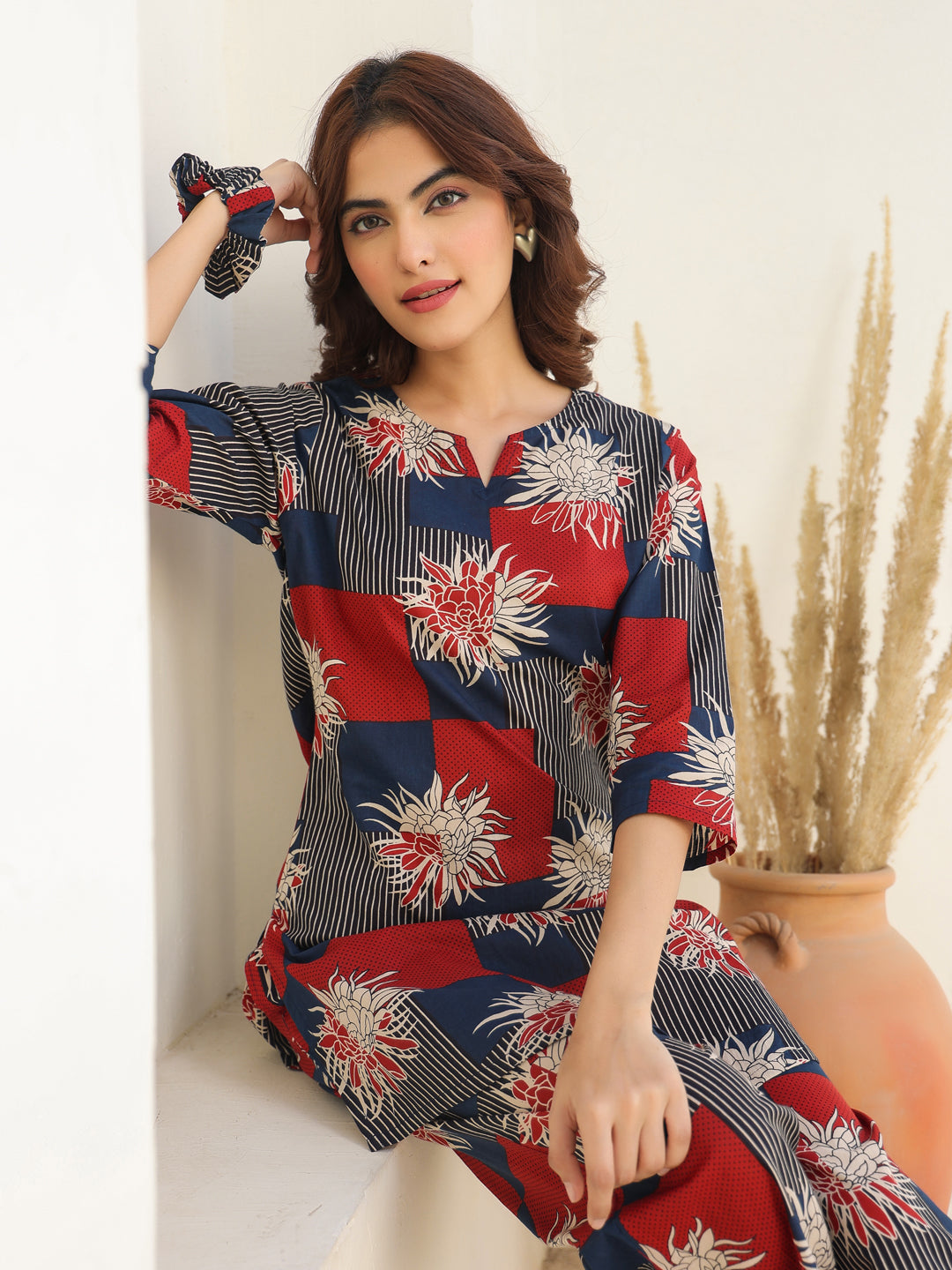 Navy & Red Printed Floral Co-ord Set for Women