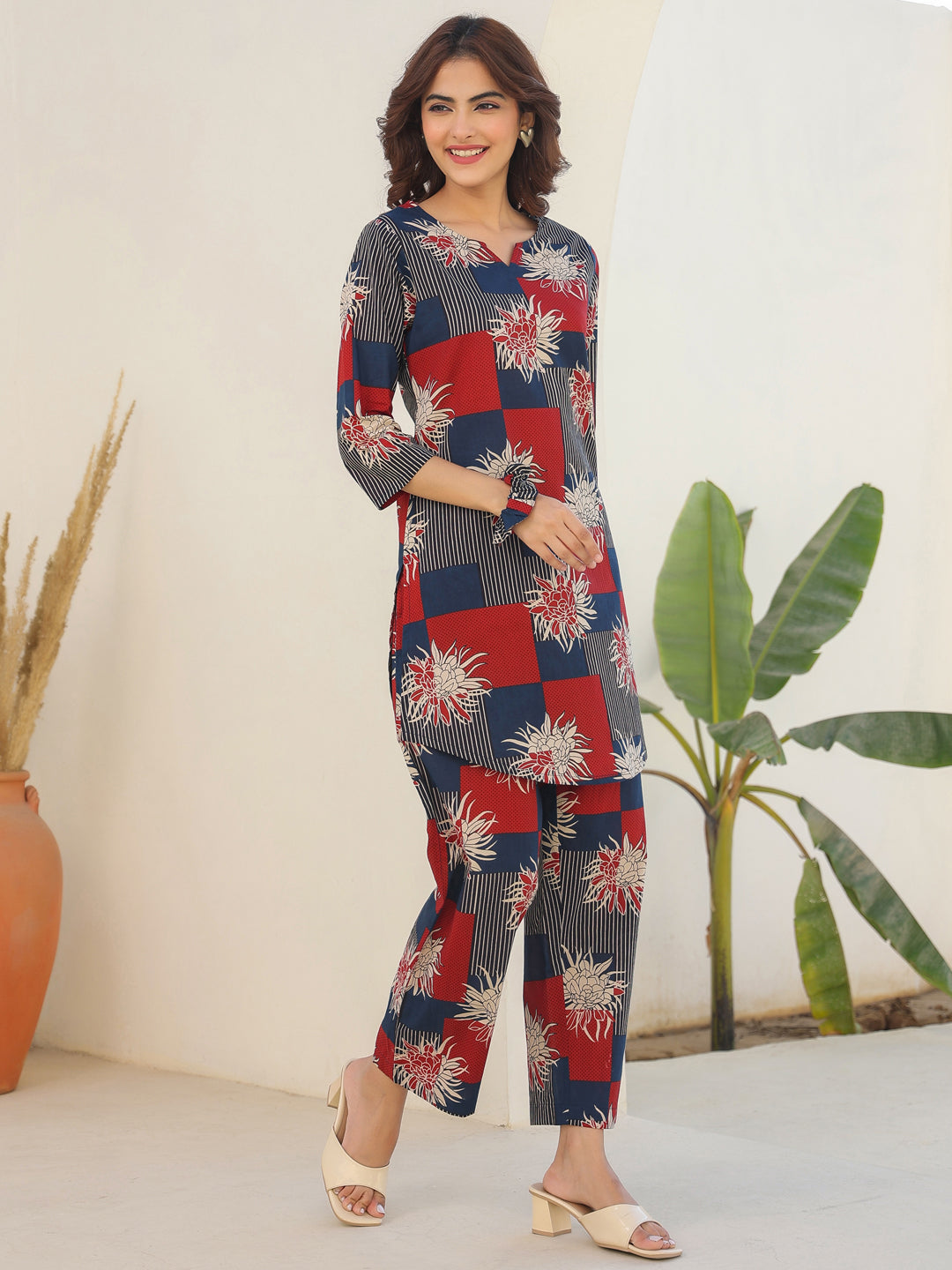 Navy & Red Printed Floral Co-ord Set for Women