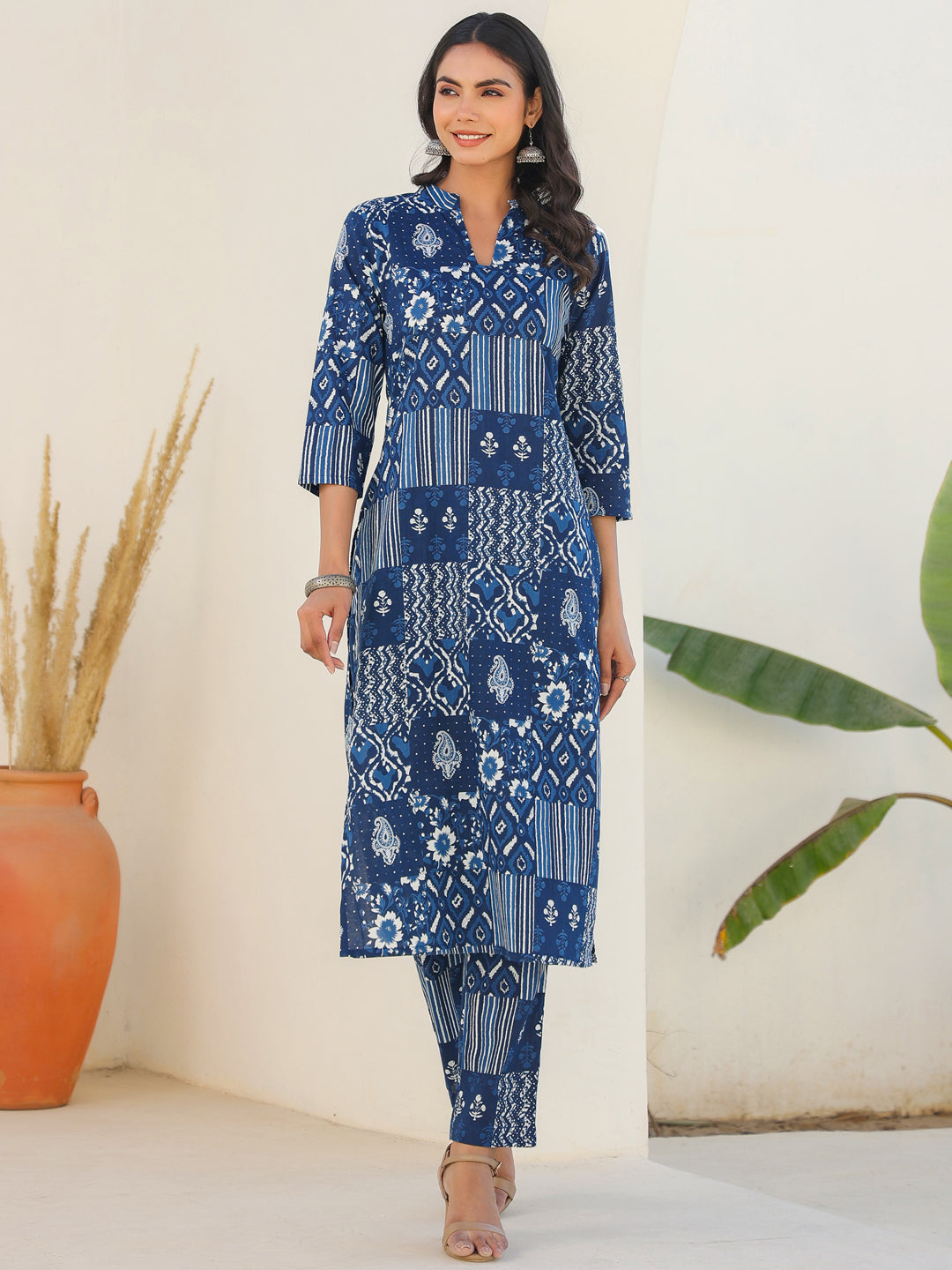 Indigo Blue Patch Print Kurta Set for Women – 2 Piece Cotton Ethnic Wear