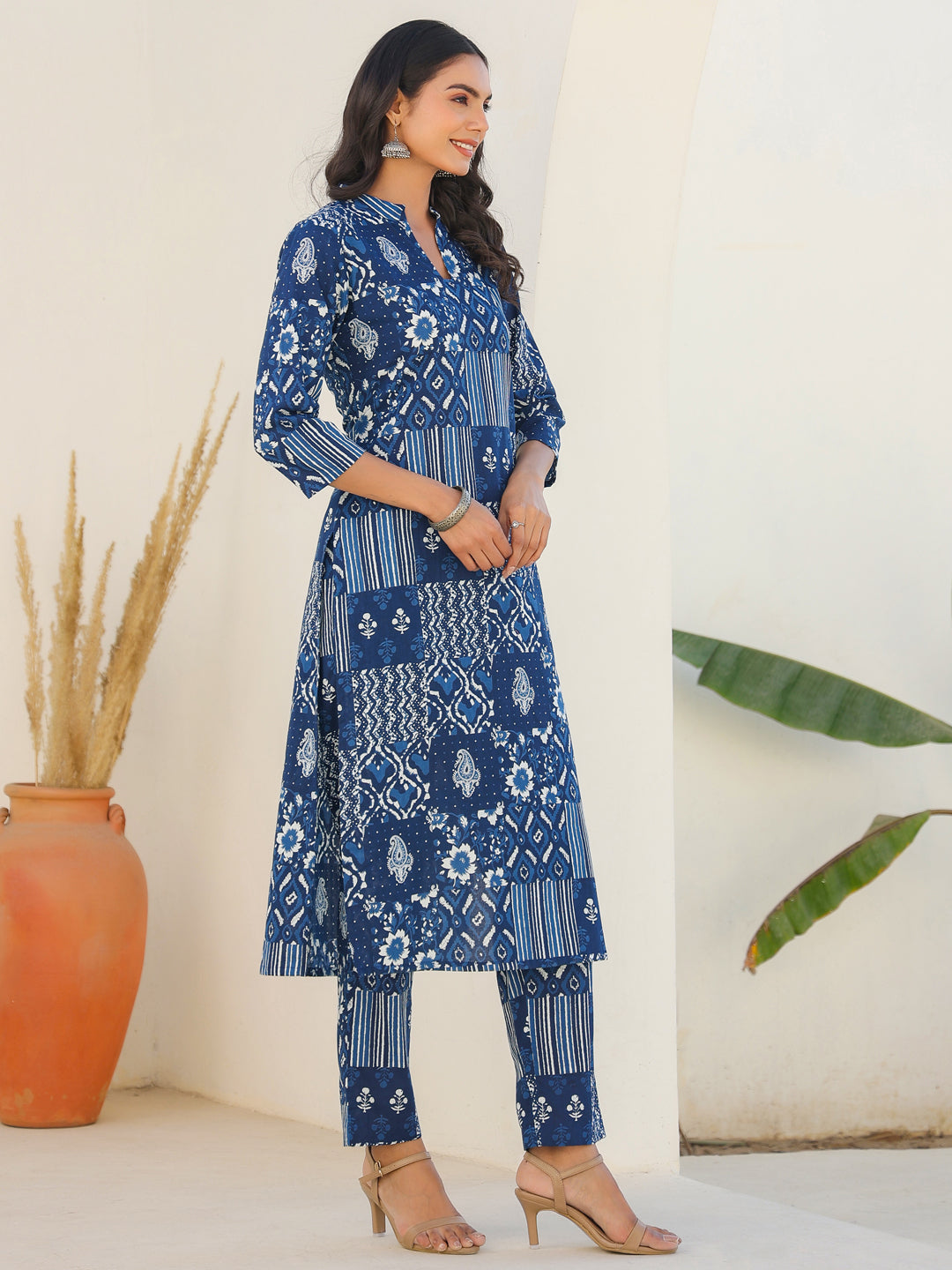 Indigo Blue Patch Print Kurta Set for Women – 2 Piece Cotton Ethnic Wear