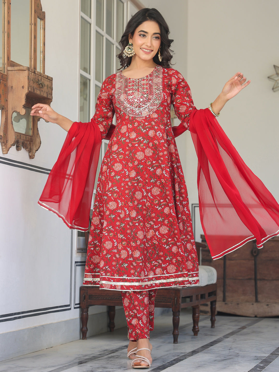 Elegant Red Floral Embroidered Kurti Set with Dupatta – 3 Piece Kurti