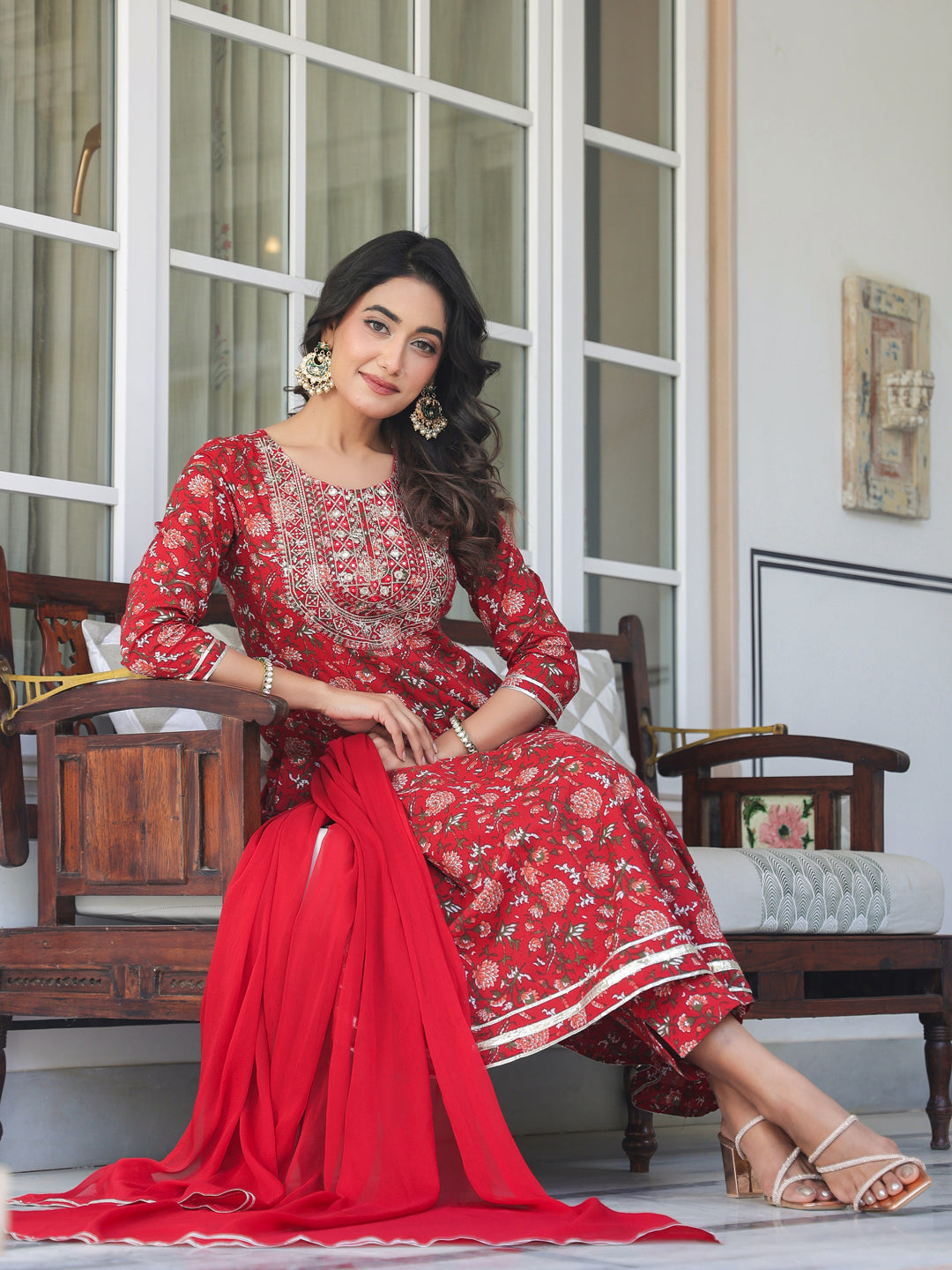 Elegant Red Floral Embroidered Kurti Set with Dupatta – 3 Piece Kurti