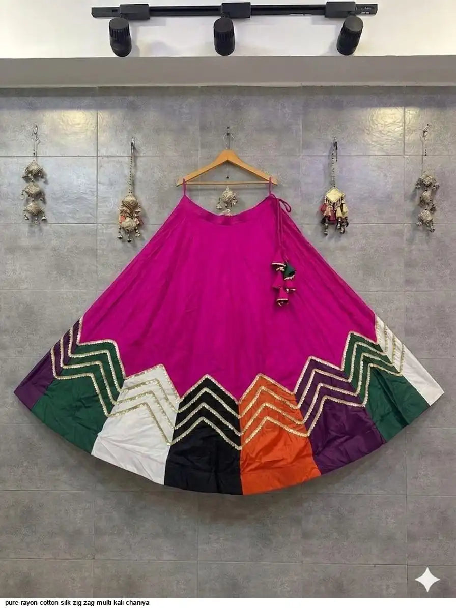Pure Reyon Cotton Silk Multi Kali Chaniya with Zig Zag Lace - 6 Mtr Flare