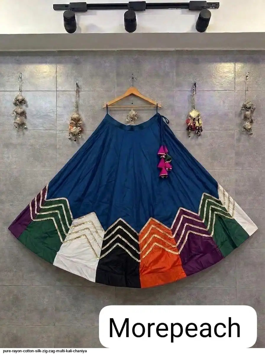 Pure Reyon Cotton Silk Multi Kali Chaniya with Zig Zag Lace - 6 Mtr Flare